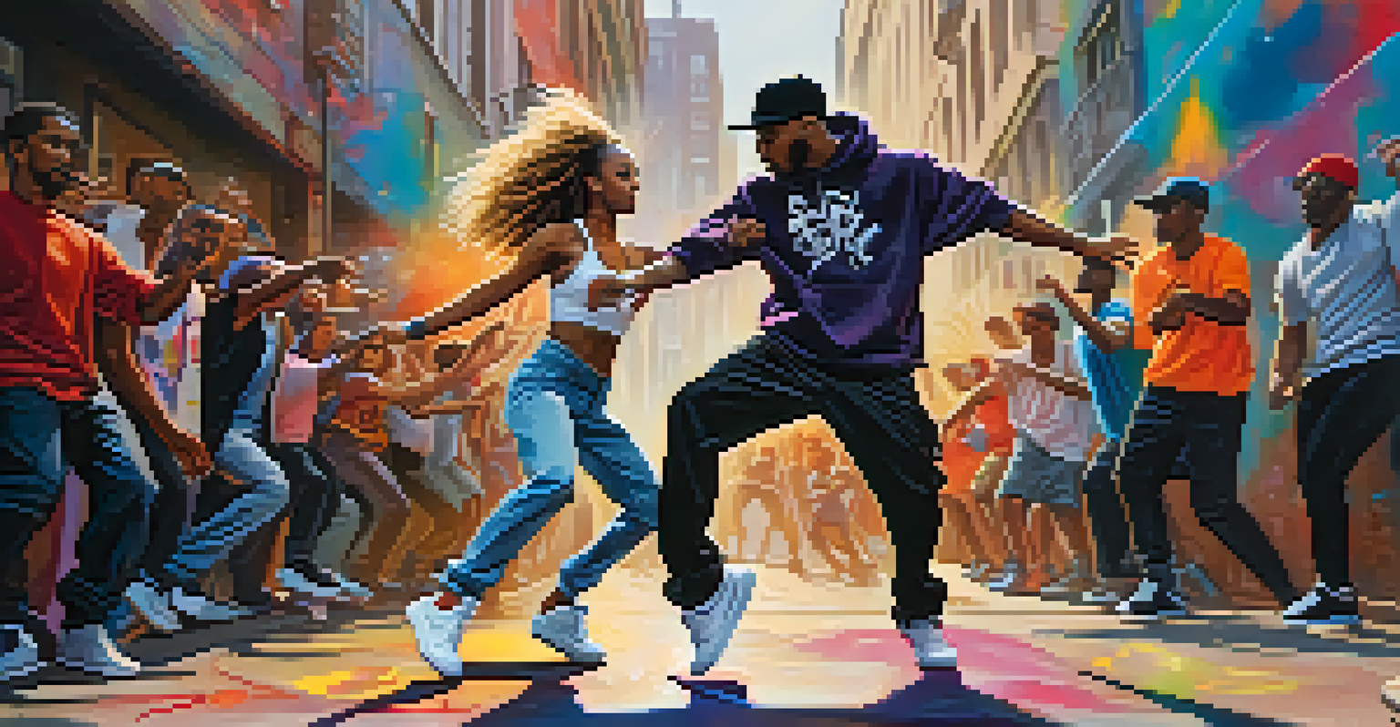 Two hip-hop dancers performing in a street battle surrounded by colorful graffiti and enthusiastic onlookers.