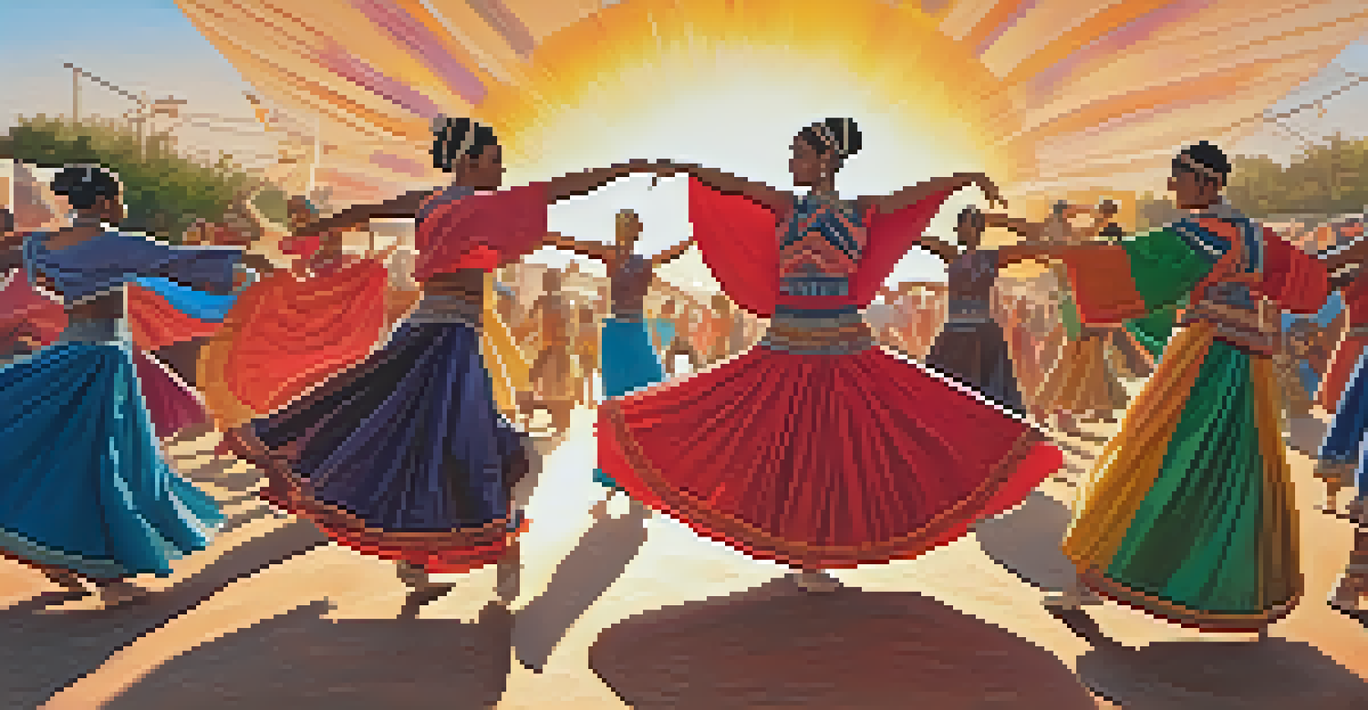 A circle of diverse dancers in colorful costumes performing together at a festival, with vibrant banners and a warm sunset in the background.
