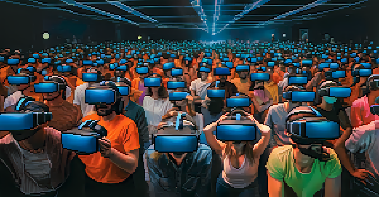 An audience wearing VR headsets, captivated by a virtual dance performance in a dimly lit environment.