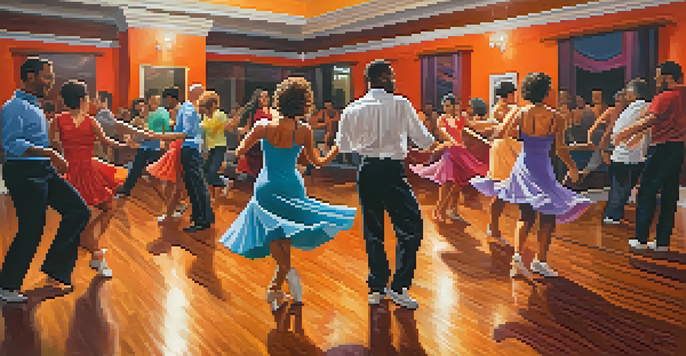 A diverse group of dancers in a lively salsa class, showcasing joy and connection in a brightly lit dance studio.