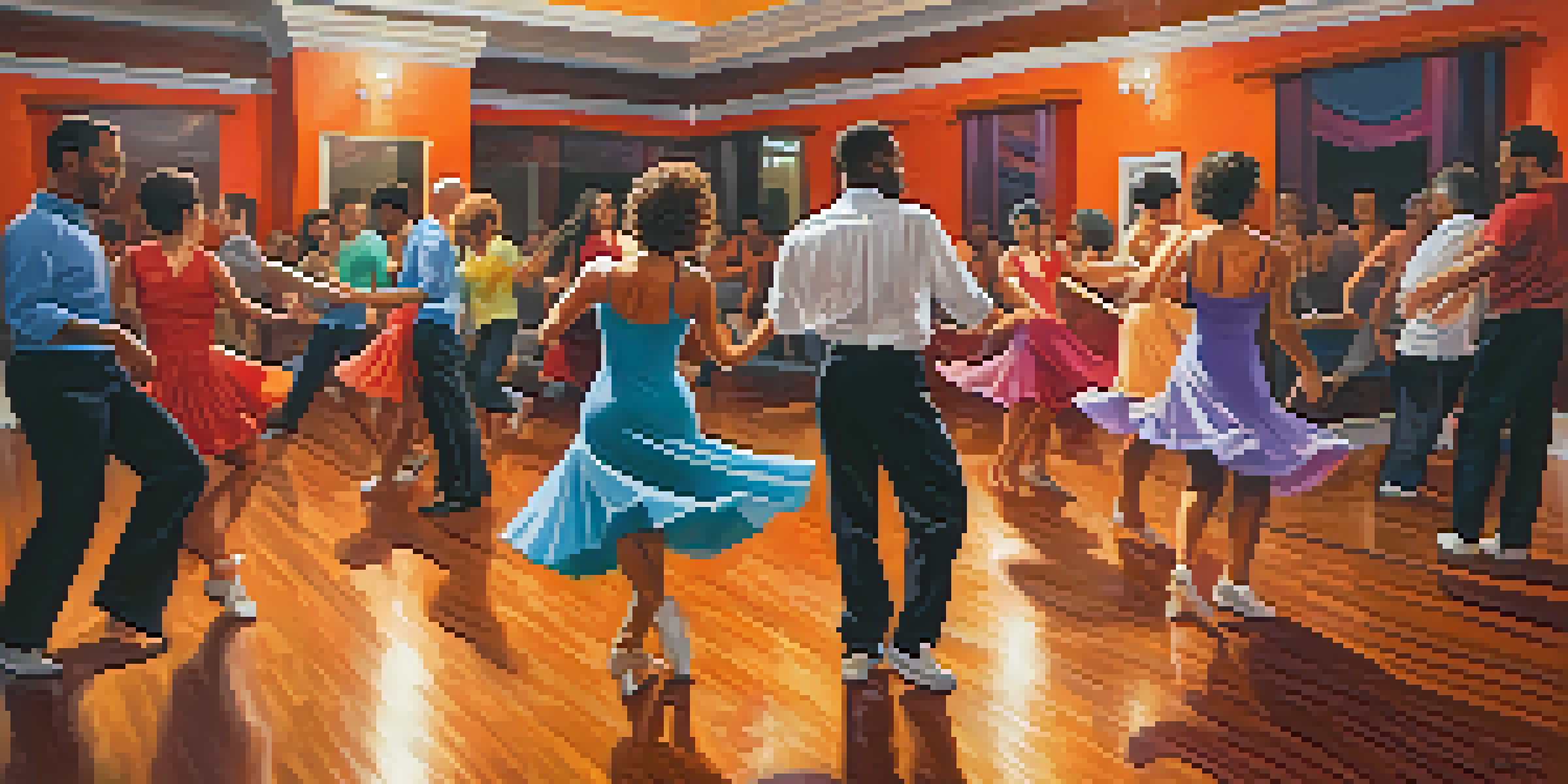 A diverse group of dancers in a lively salsa class, showcasing joy and connection in a brightly lit dance studio.