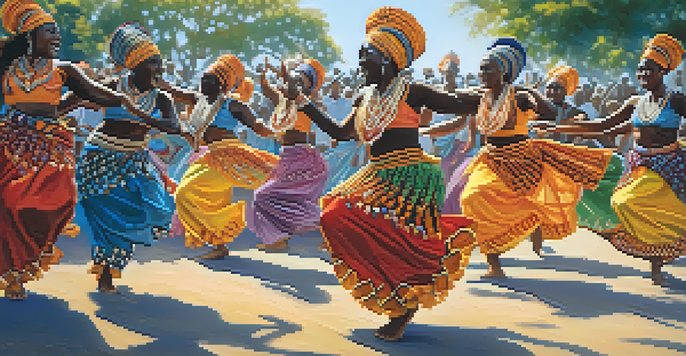 A group of dancers in colorful traditional African costumes performing a vibrant dance, with drums and instruments around them, under sunlight filtering through trees.