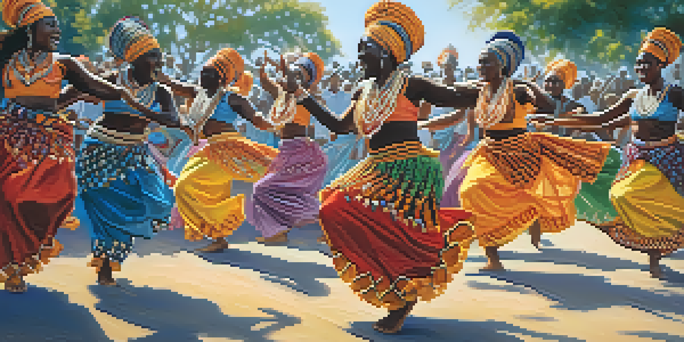 A group of dancers in colorful traditional African costumes performing a vibrant dance, with drums and instruments around them, under sunlight filtering through trees.