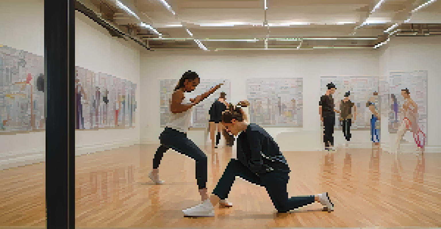 A choreographer and dancer collaborating on movements in a cozy rehearsal space filled with mirrors and inspirational quotes.
