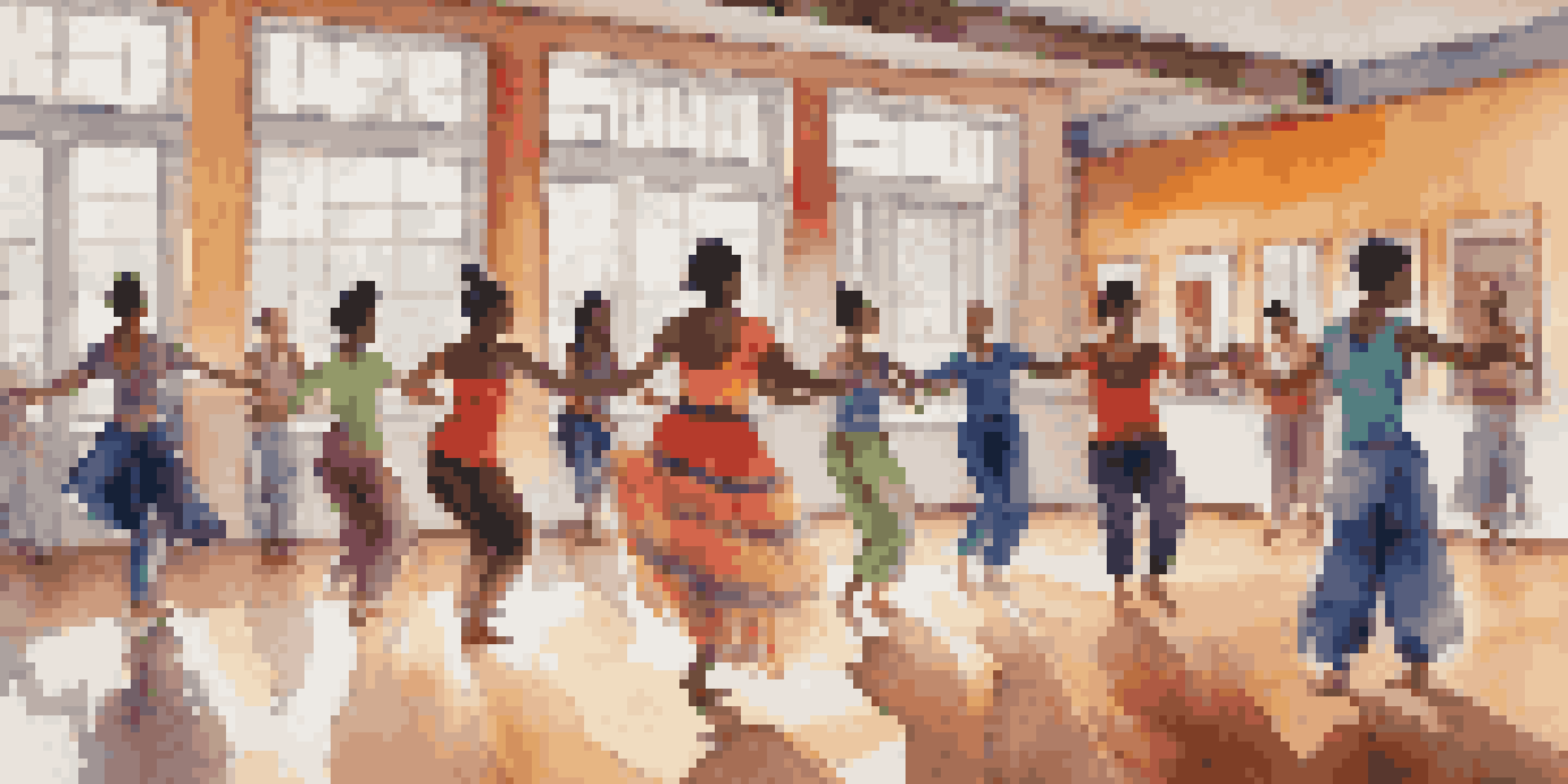 A dance studio with diverse dancers in a workshop, learning from a master instructor with colorful textiles around.