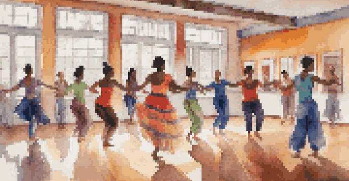 A dance studio with diverse dancers in a workshop, learning from a master instructor with colorful textiles around.
