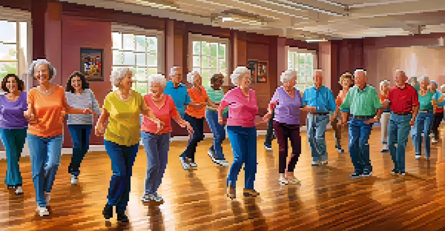 Seniors engaging in a line dancing class in a bright studio, following an instructor's lead with enthusiastic expressions.
