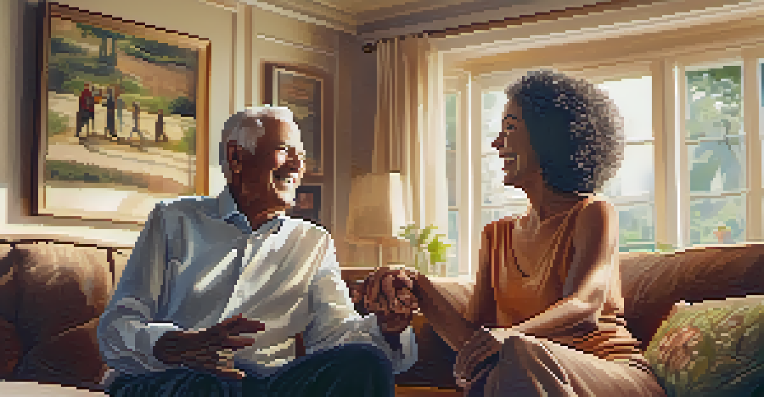 An elderly couple dancing joyfully in a cozy living room, surrounded by warm lighting and personal touches like family photos.