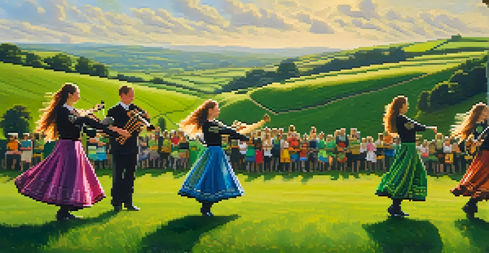 A group of traditional Irish dancers in colorful costumes performing in a green field with rolling hills in the background, bathed in warm sunlight.