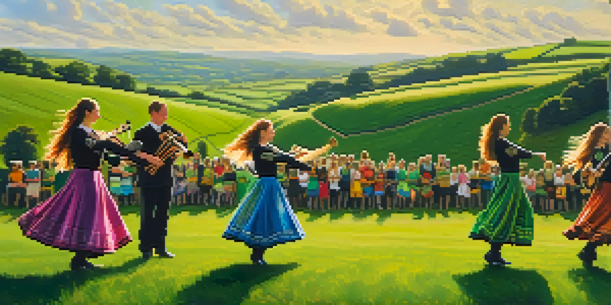 A group of traditional Irish dancers in colorful costumes performing in a green field with rolling hills in the background, bathed in warm sunlight.