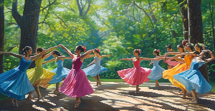 A vibrant group of dancers in flowing costumes performing in a green natural environment under soft sunlight.