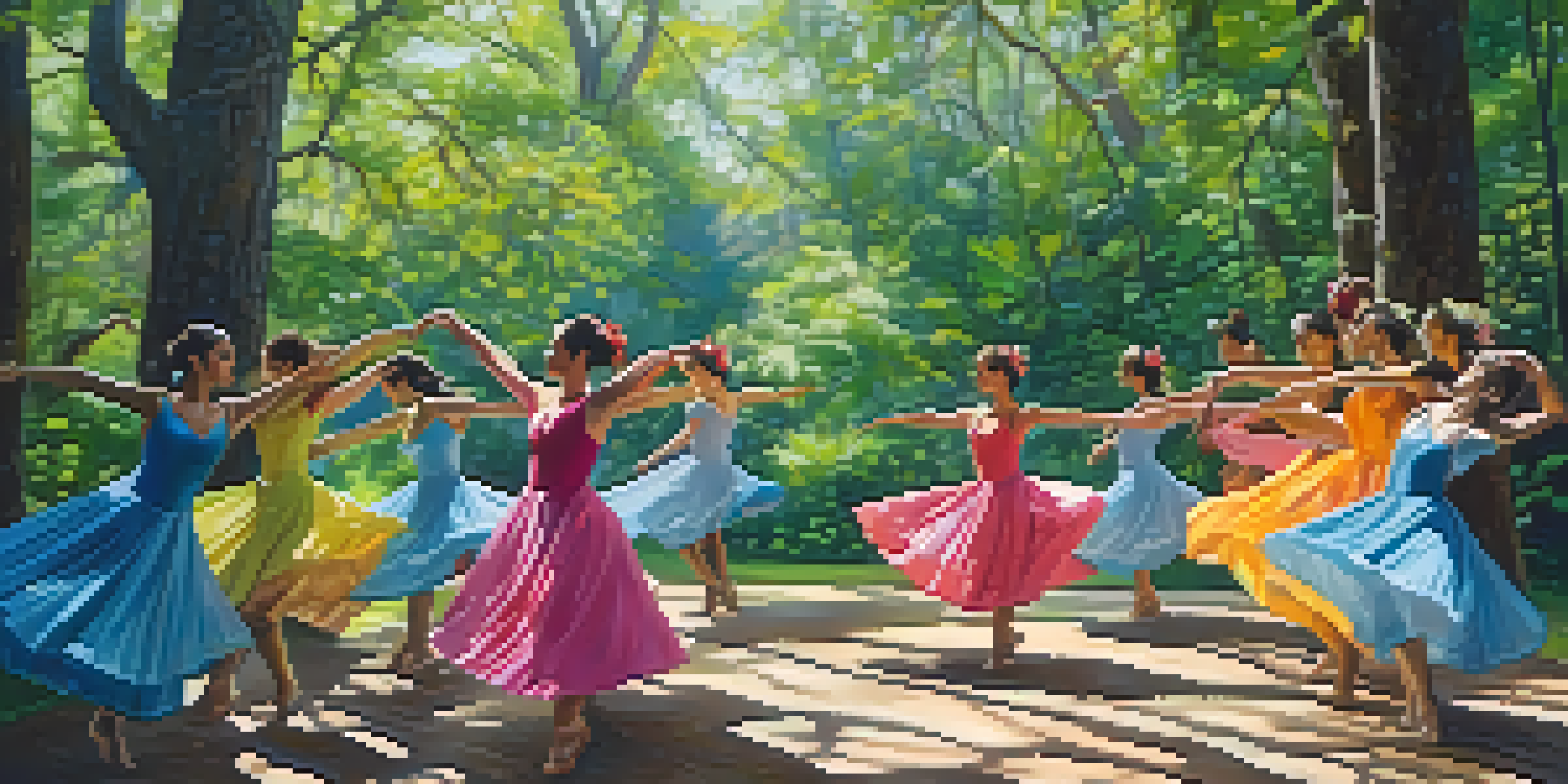 A vibrant group of dancers in flowing costumes performing in a green natural environment under soft sunlight.