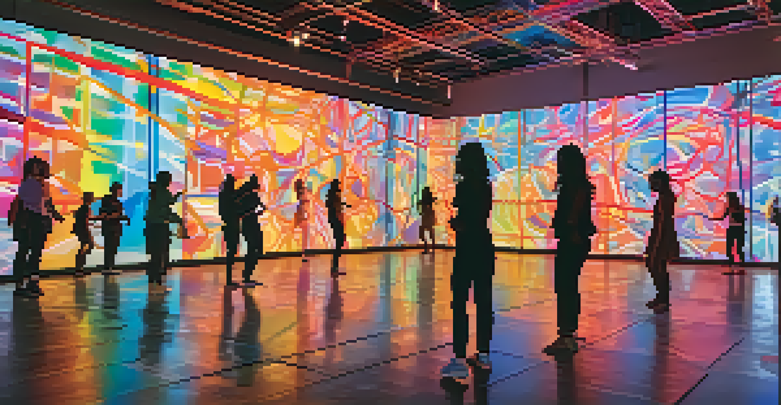An immersive dance installation with participants moving through a visually interactive space filled with colorful lights and sounds.
