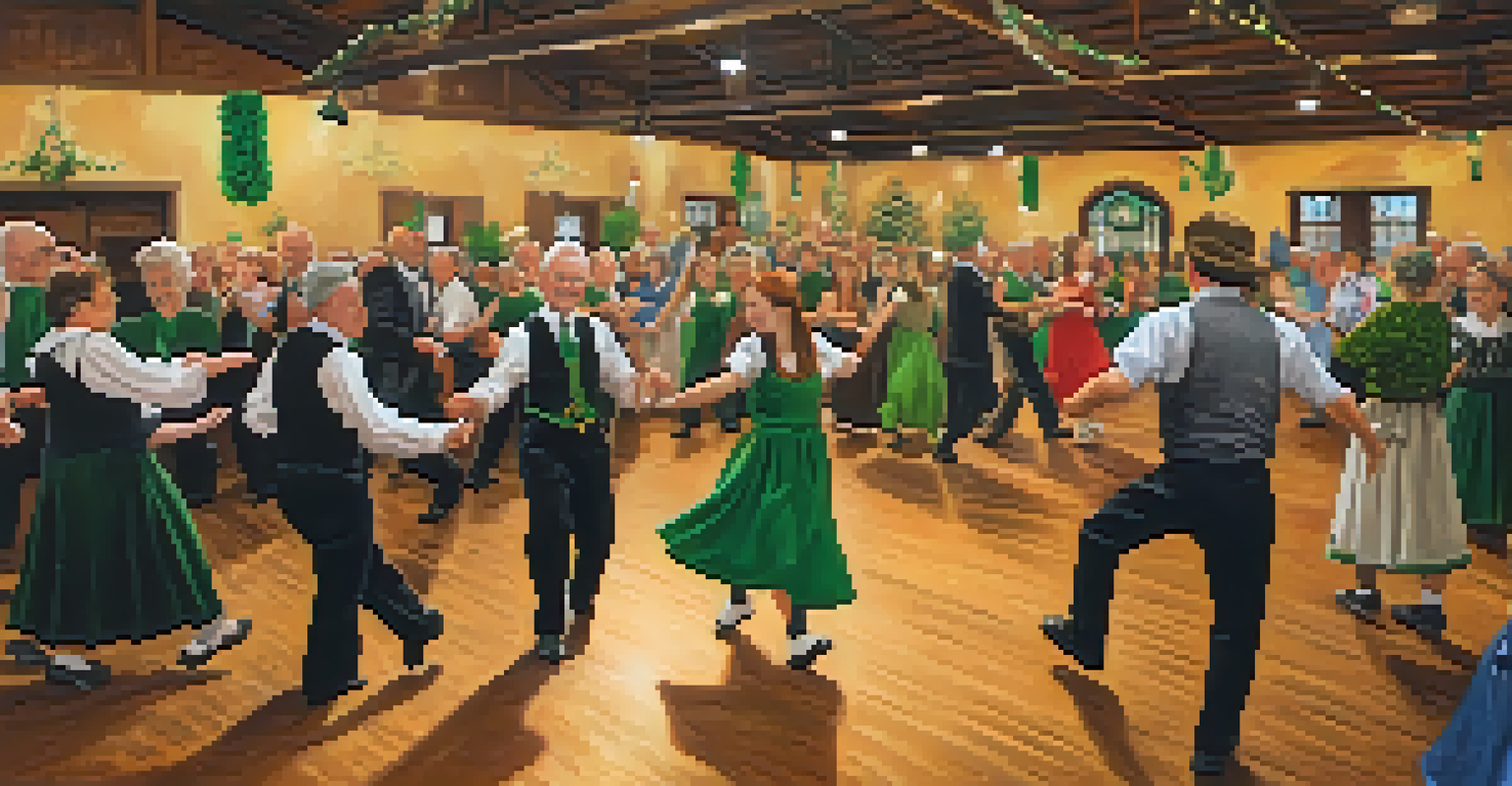 A community hall filled with people of different ages participating in a lively céilí dance, with festive decorations and warm lighting creating a joyful atmosphere.