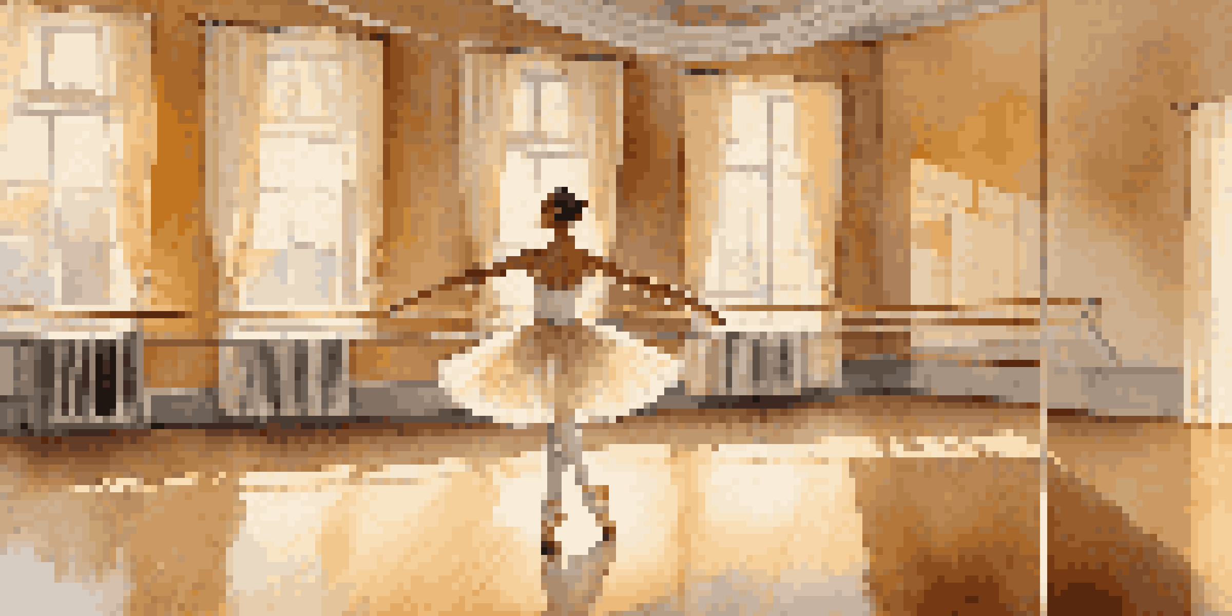 A ballerina dancing in a softly lit studio with mirrors and wooden floors.
