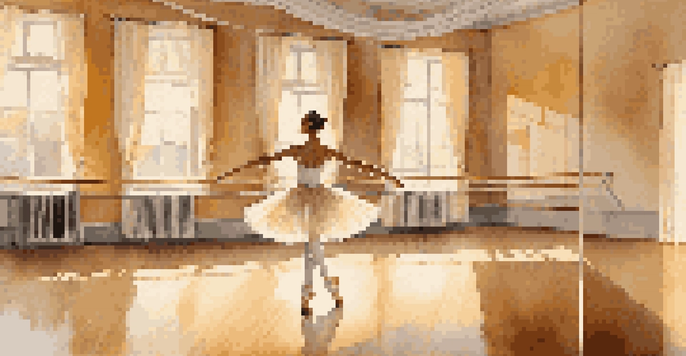 A ballerina dancing in a softly lit studio with mirrors and wooden floors.