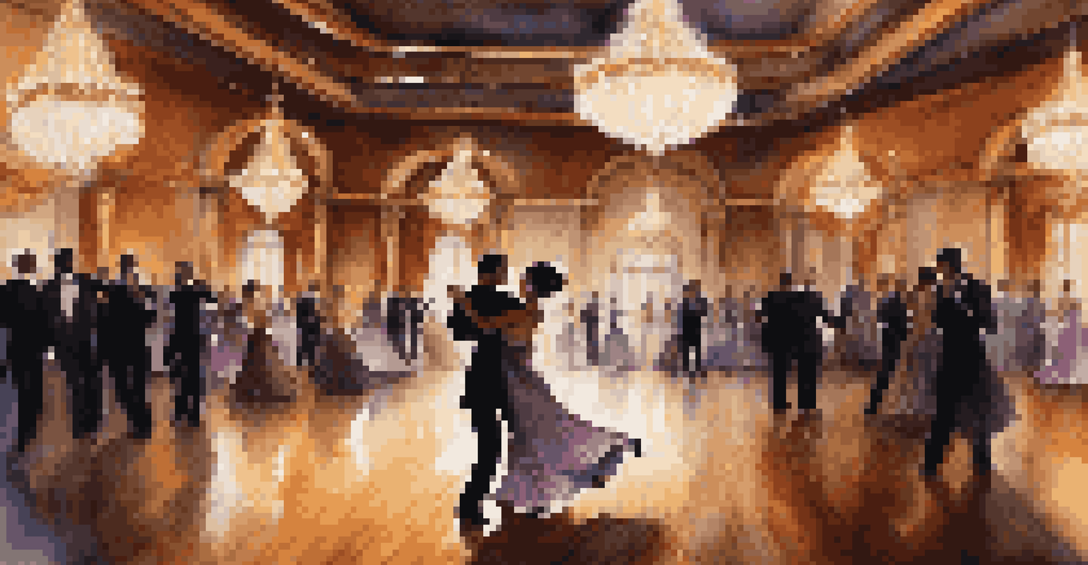 A couple performing a tango in an elegant ballroom, illuminated by soft lighting.