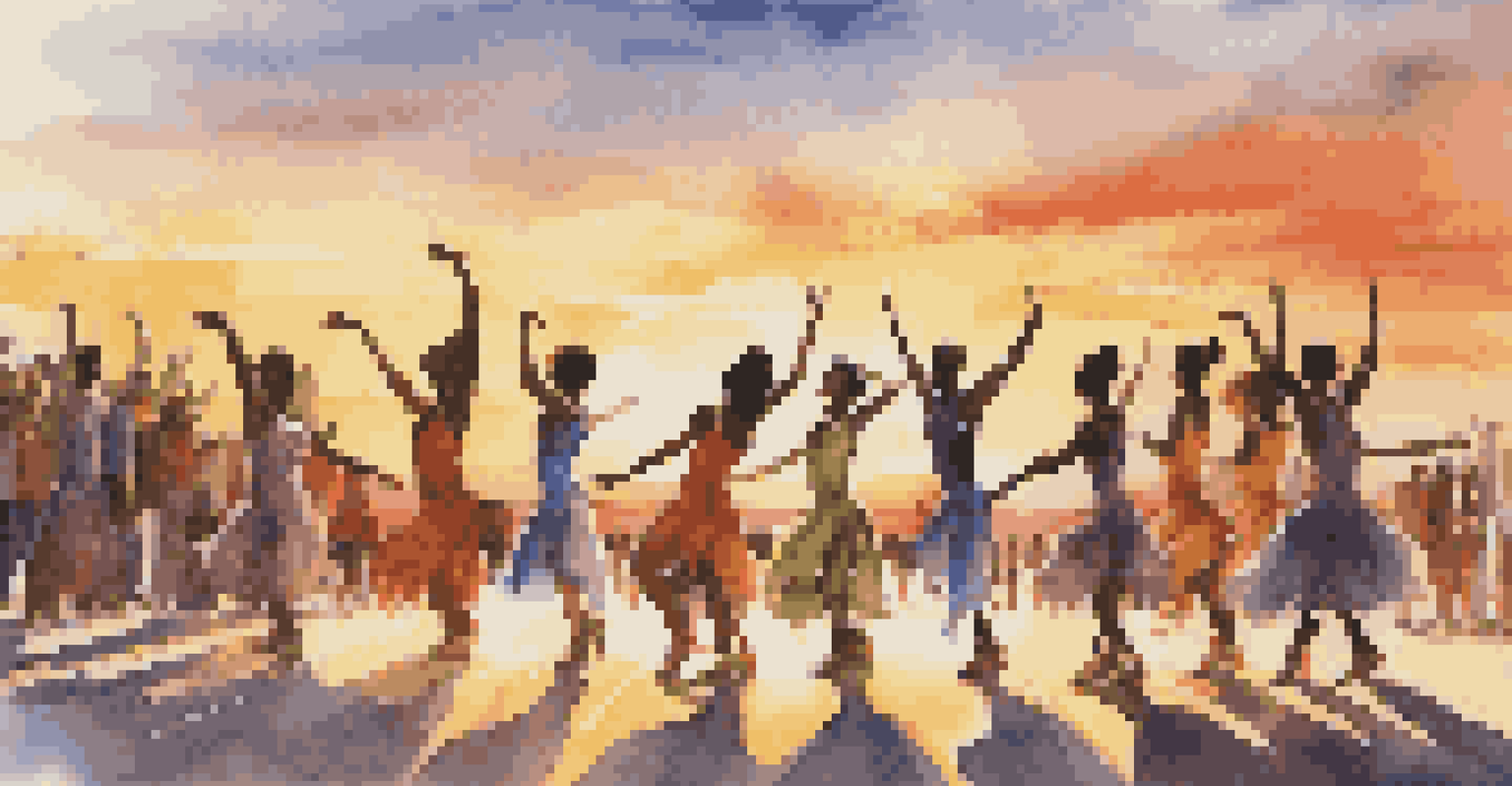 A group of dancers performing a contemporary piece outdoors at sunset, with an engaged audience and vibrant costumes against a warm sky.