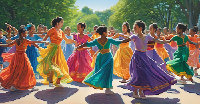 A diverse group of dancers performing in a sunlit park, surrounded by trees and an audience enjoying the performance.