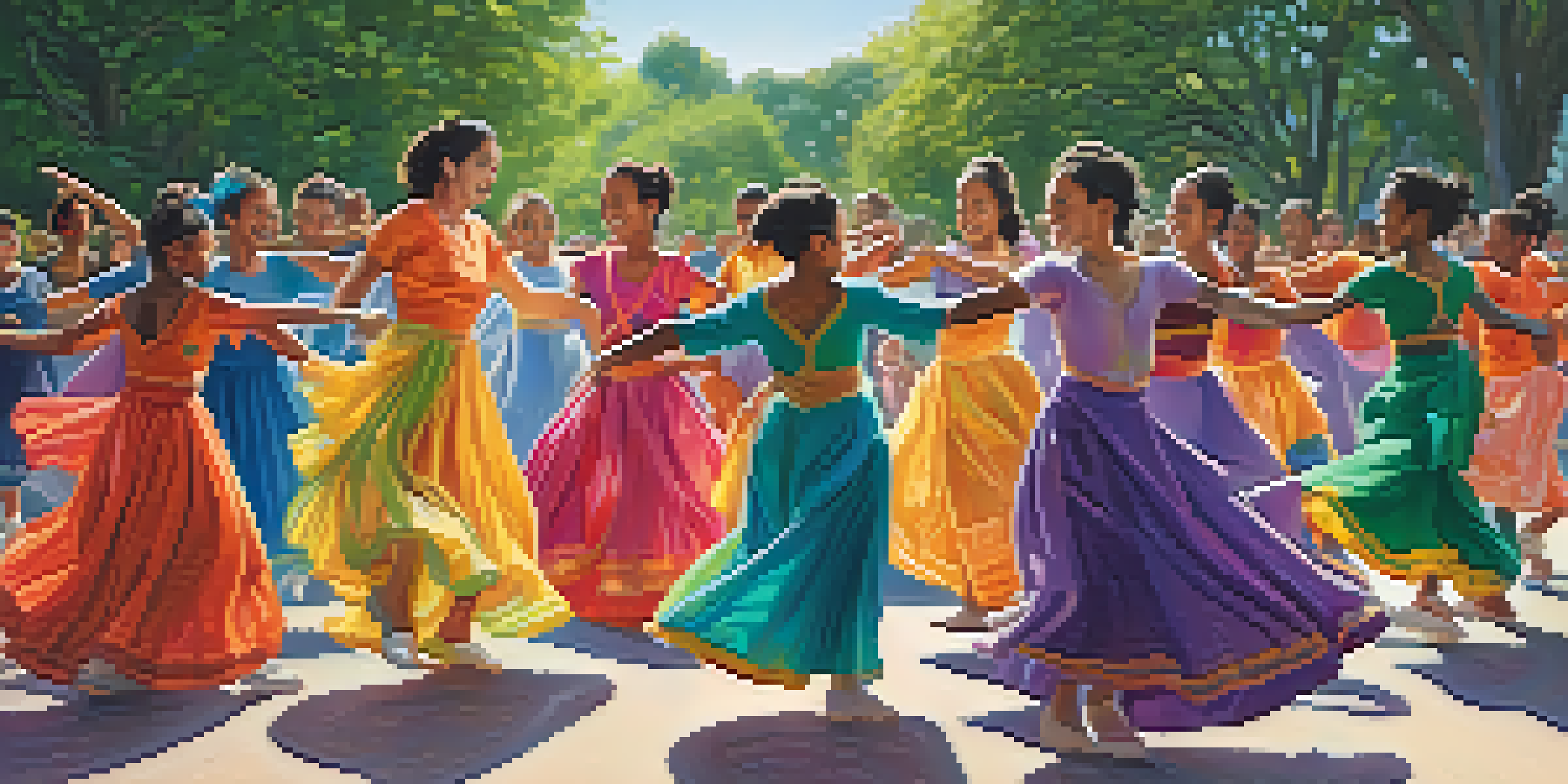 A diverse group of dancers performing in a sunlit park, surrounded by trees and an audience enjoying the performance.