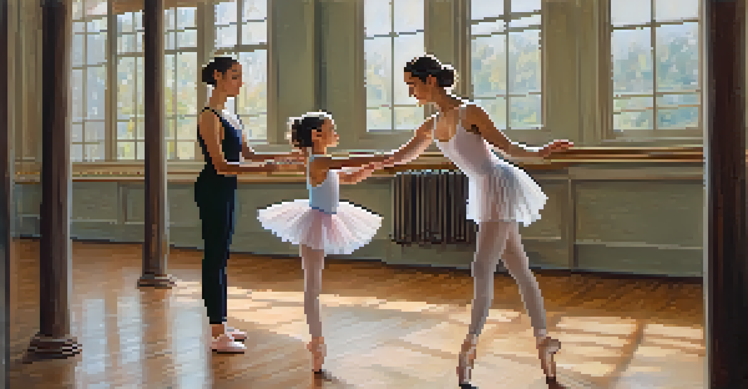 An instructor helping a young dancer improve their technique in a peaceful dance studio setting.