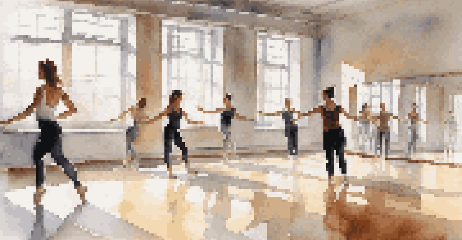 Dancers rehearsing modern choreography in a bright studio with large mirrors.