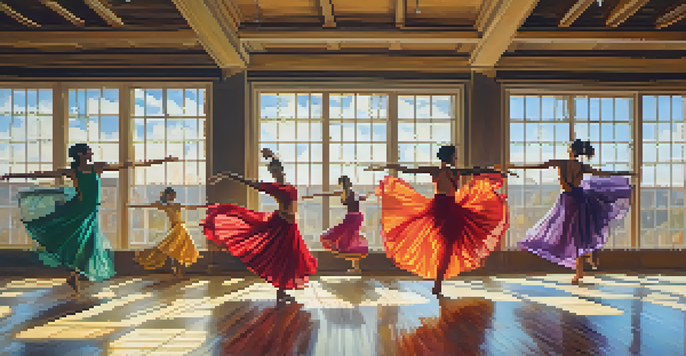 A group of diverse dancers in a sunlit studio, showcasing various dance styles with colorful costumes and expressive movements.