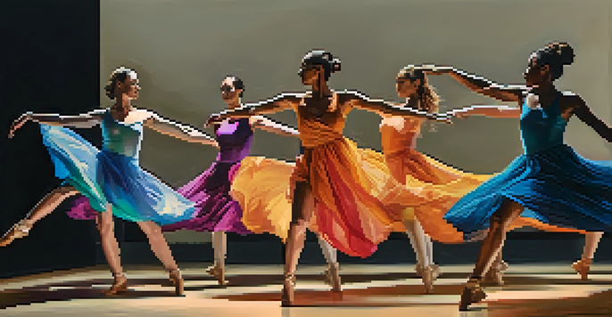 A diverse group of dancers performing on a minimalist stage, showcasing fluid movements and colorful costumes under warm lighting.