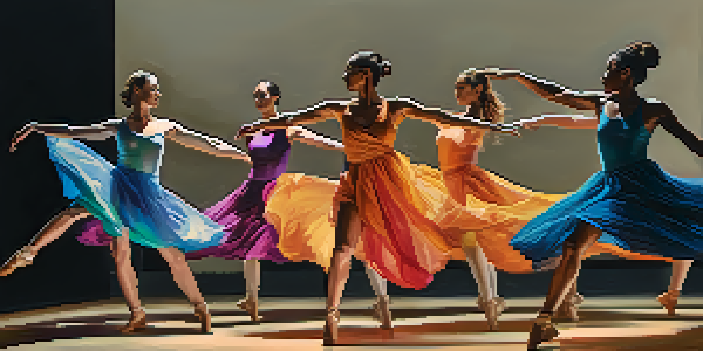 A diverse group of dancers performing on a minimalist stage, showcasing fluid movements and colorful costumes under warm lighting.