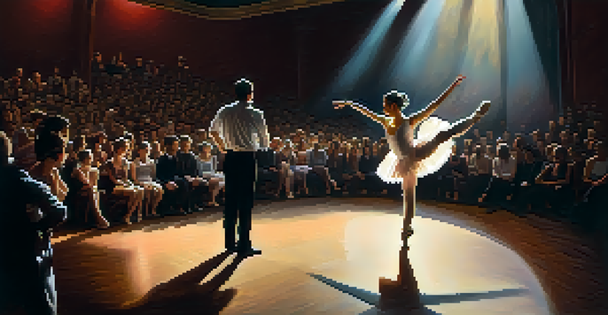 A dancer performing a slow ballet in a theater, expressing deep emotion under a spotlight.