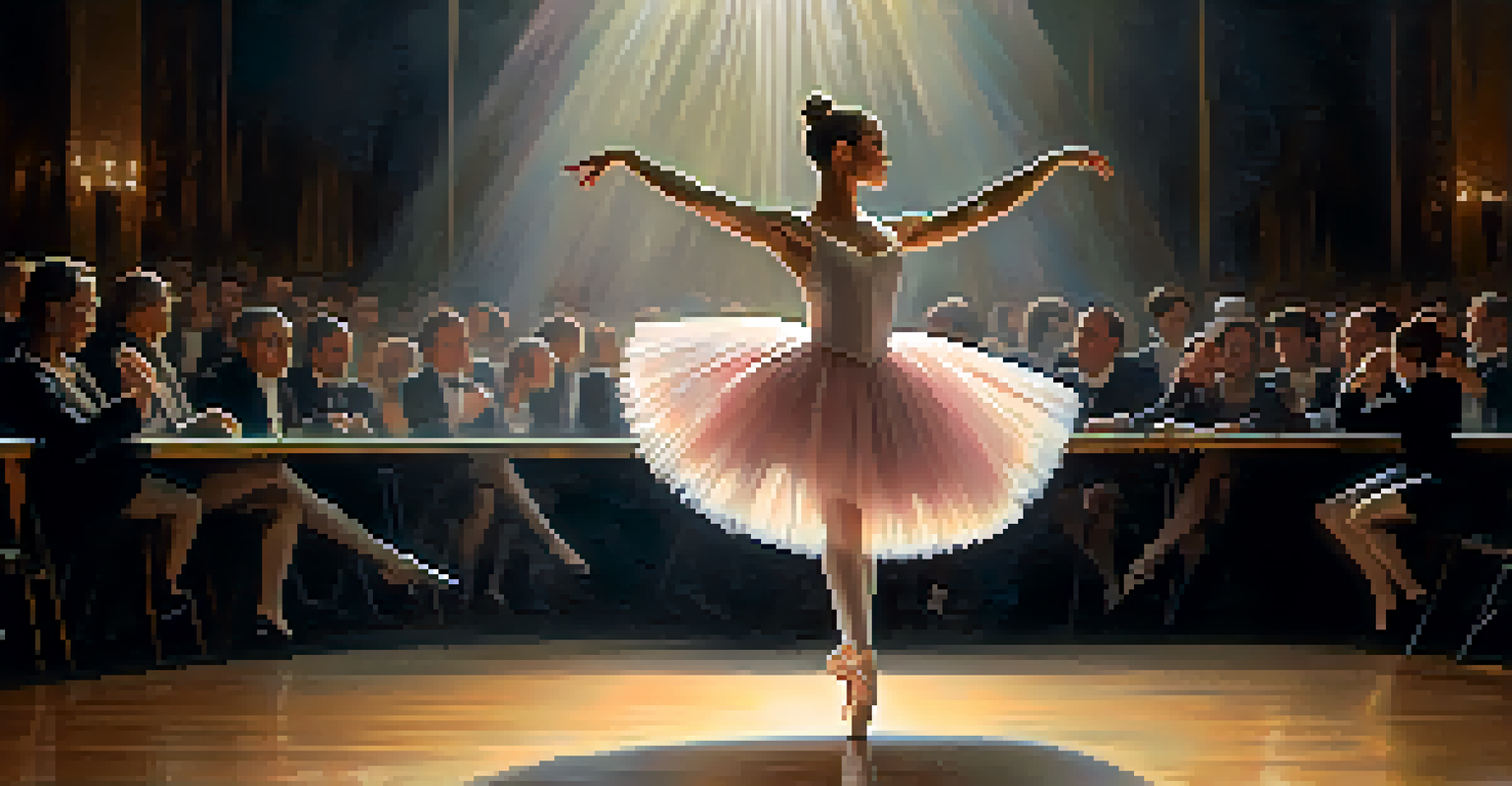 A ballerina in a tutu performing gracefully on stage with dramatic lighting and a blurred audience in the background.