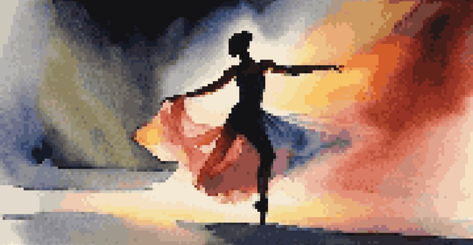 A contemporary dancer performing on stage with colorful lights illuminating their silhouette against a dark backdrop.