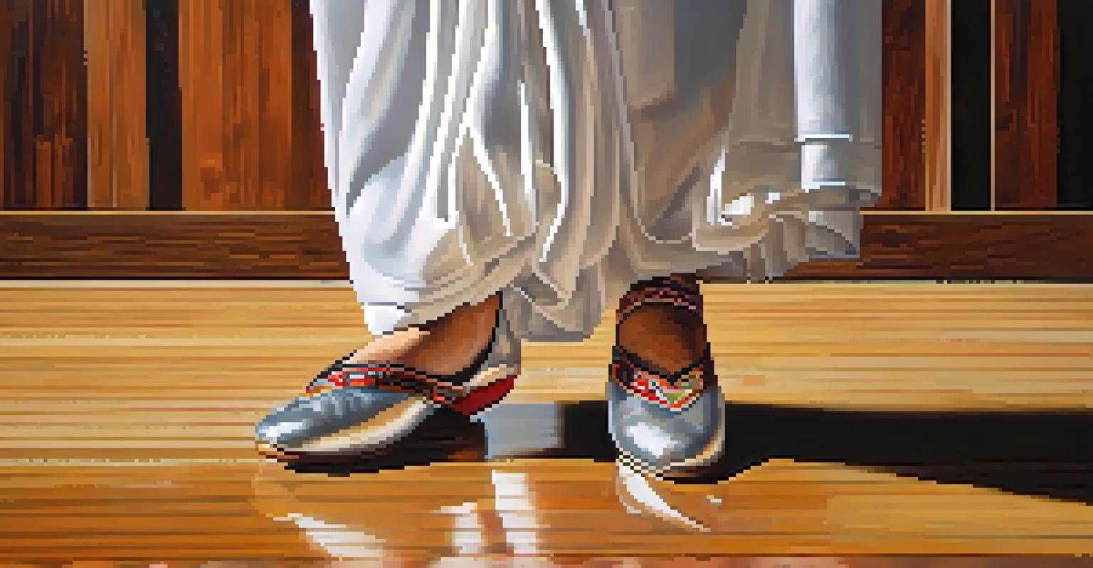 A close-up of a dancer's feet in traditional dance shoes on a polished wooden stage, emphasizing the artistry and heritage of the performance.