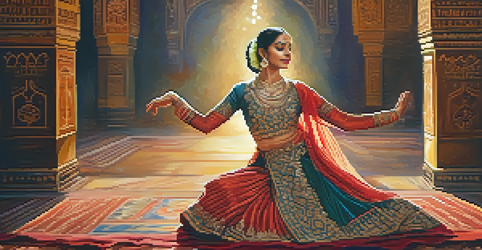 A Kathak dancer in an ornate costume performing in a traditional Indian setting with rich fabrics and soft lighting.