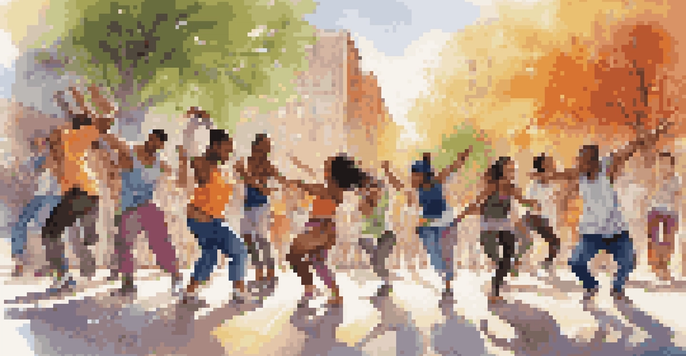 A lively street dance workshop with diverse dancers practicing together in an urban setting, surrounded by colorful graffiti.