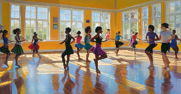A diverse group of students practicing various dance styles in a bright studio with sunlight streaming through the windows.