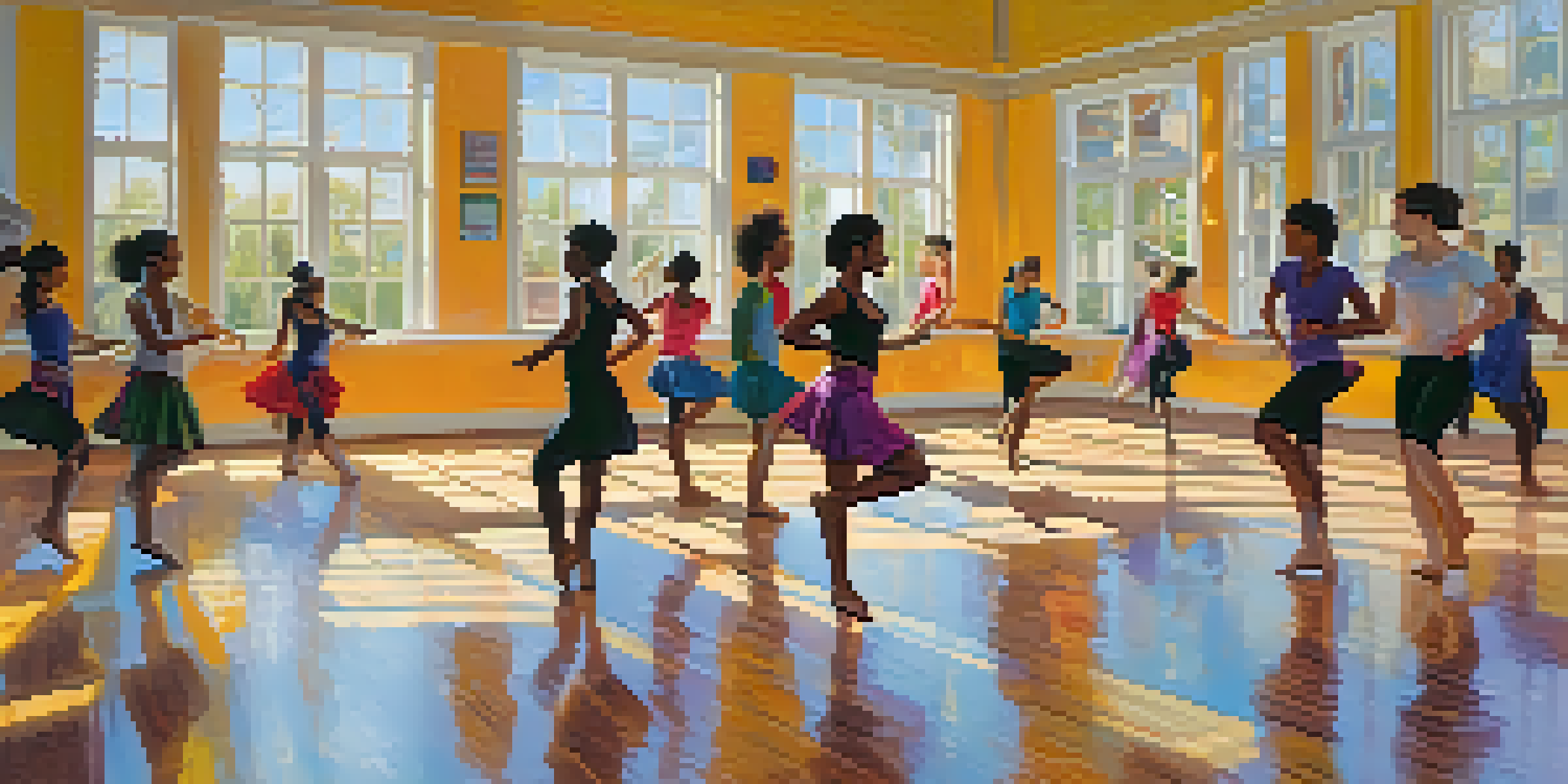 A diverse group of students practicing various dance styles in a bright studio with sunlight streaming through the windows.