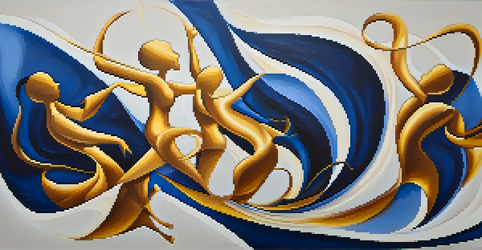 An abstract artwork depicting the connection between dance and music with swirling notes and dancer silhouettes in vibrant colors.