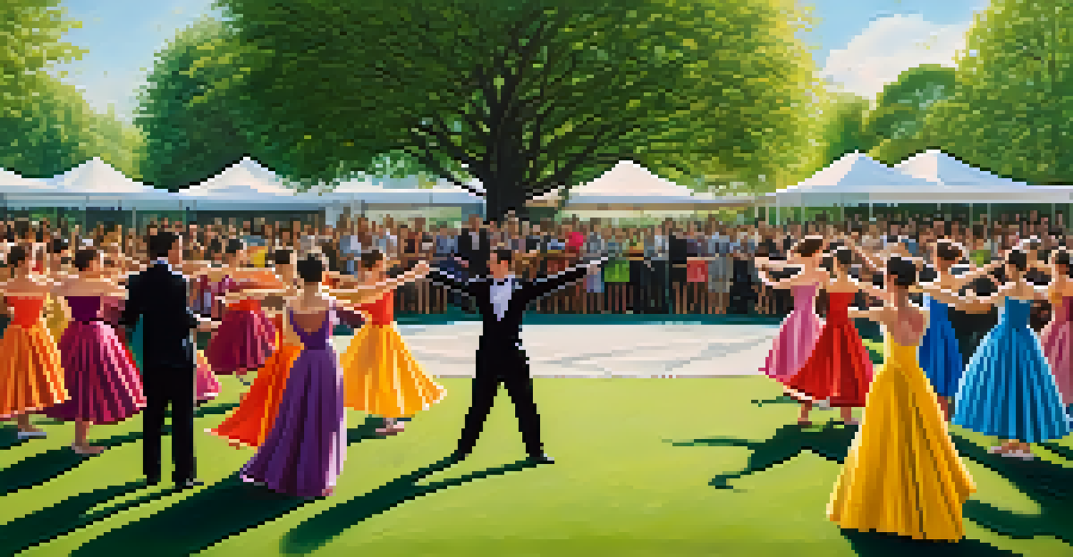 An outdoor dance performance showcasing dancers of various abilities in colorful costumes, with an audience enjoying the show in a park setting.
