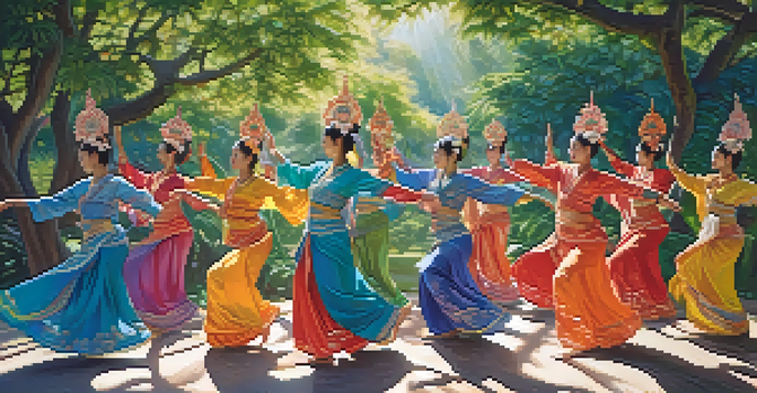 A group of dancers in colorful costumes performing a traditional Buddhist dance in a lush garden, illuminated by soft sunlight.