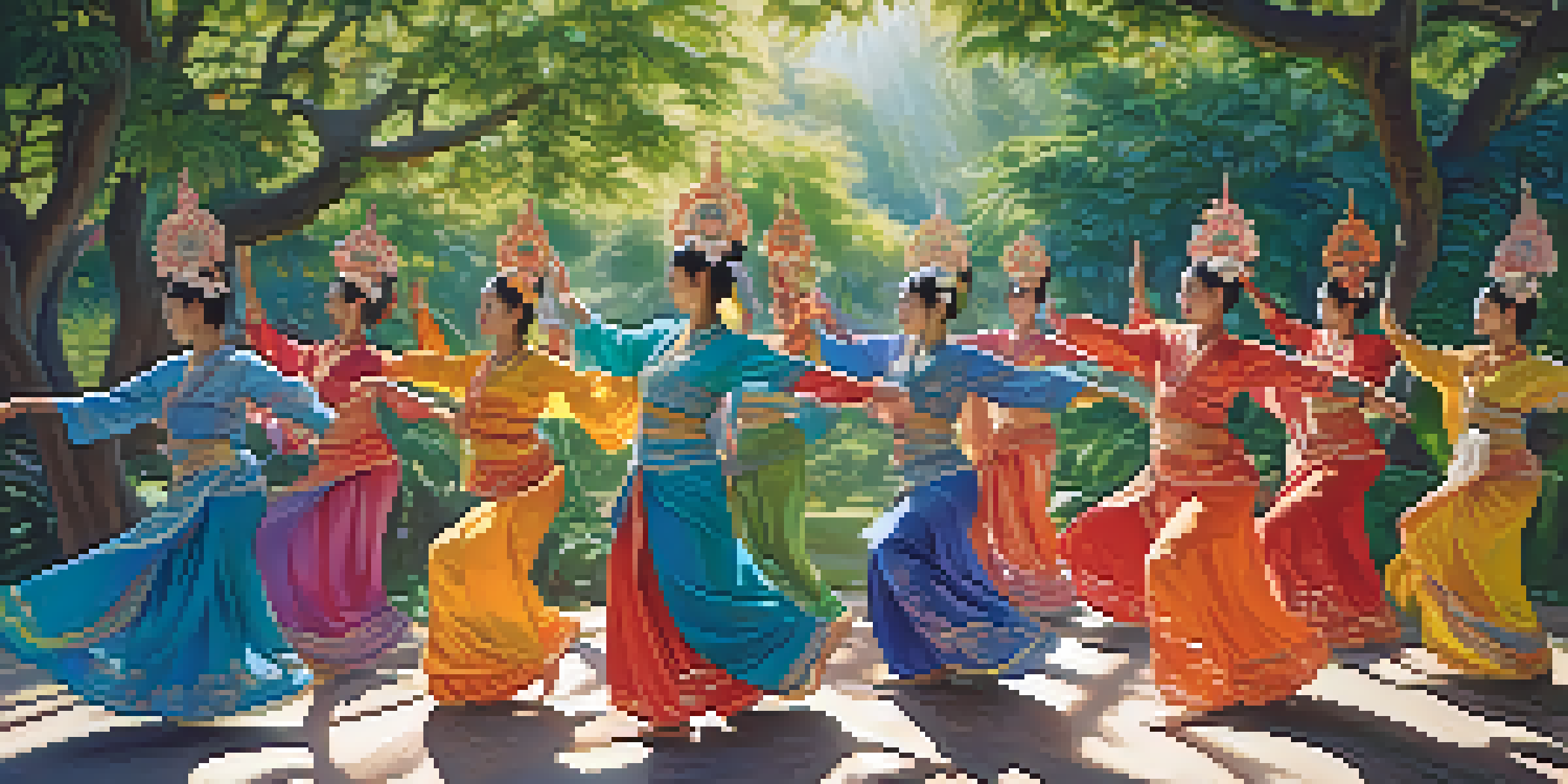 A group of dancers in colorful costumes performing a traditional Buddhist dance in a lush garden, illuminated by soft sunlight.