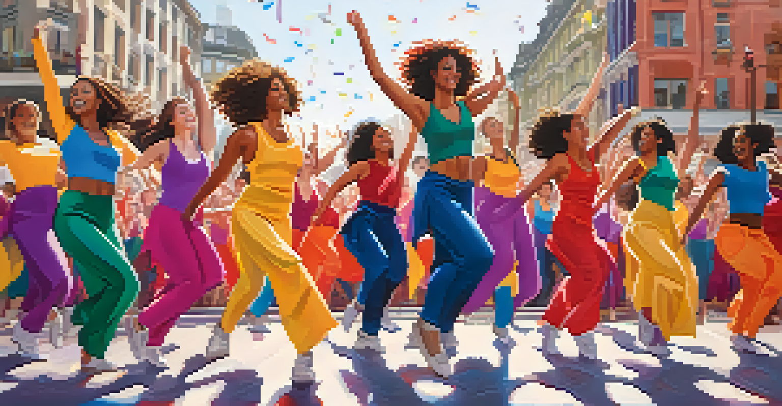 A flash mob of women dancing in a city square, advocating for social justice with colorful banners and an enthusiastic audience.
