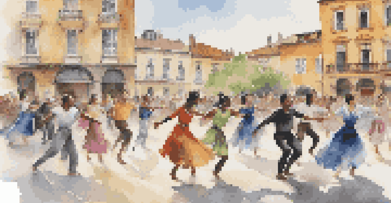 A diverse group of dancers performing a modern folk dance in a vibrant city square.