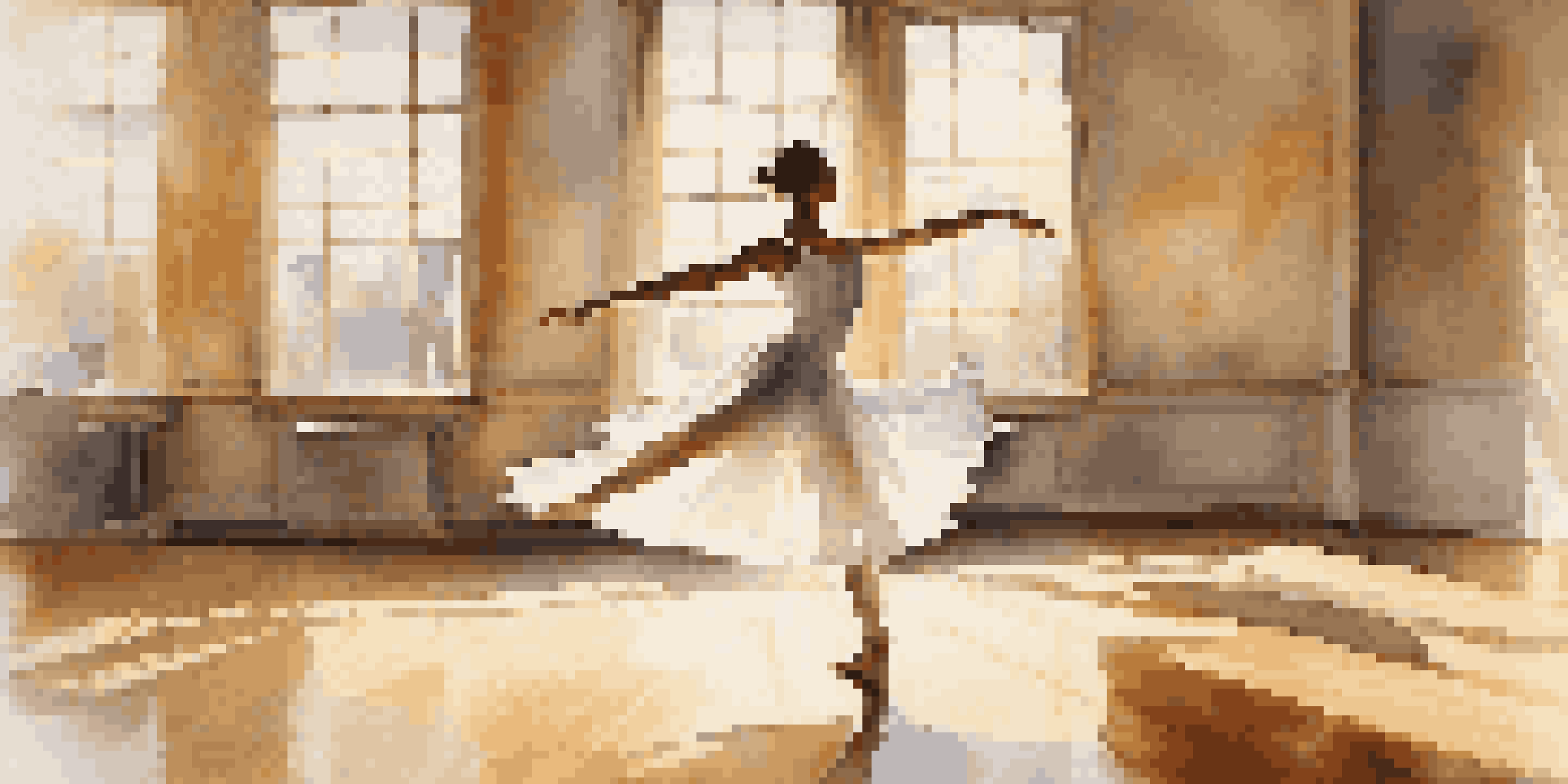 A dancer in a sunlit studio practicing a pirouette, with mirrors reflecting her movements and soft shadows on the wooden floor.