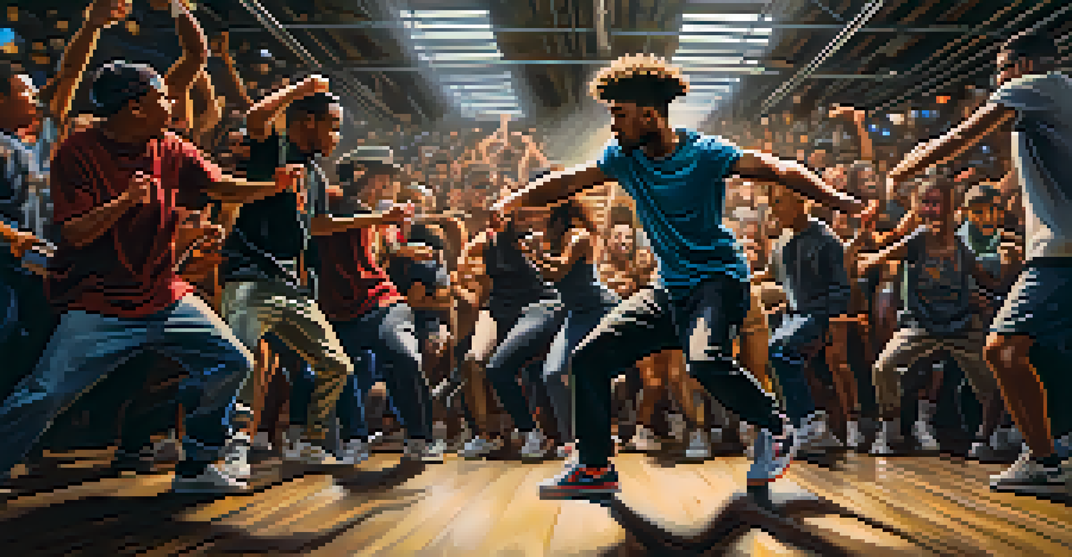 Two dancers engaged in a krumping battle in a dimly lit warehouse, surrounded by an enthusiastic crowd.