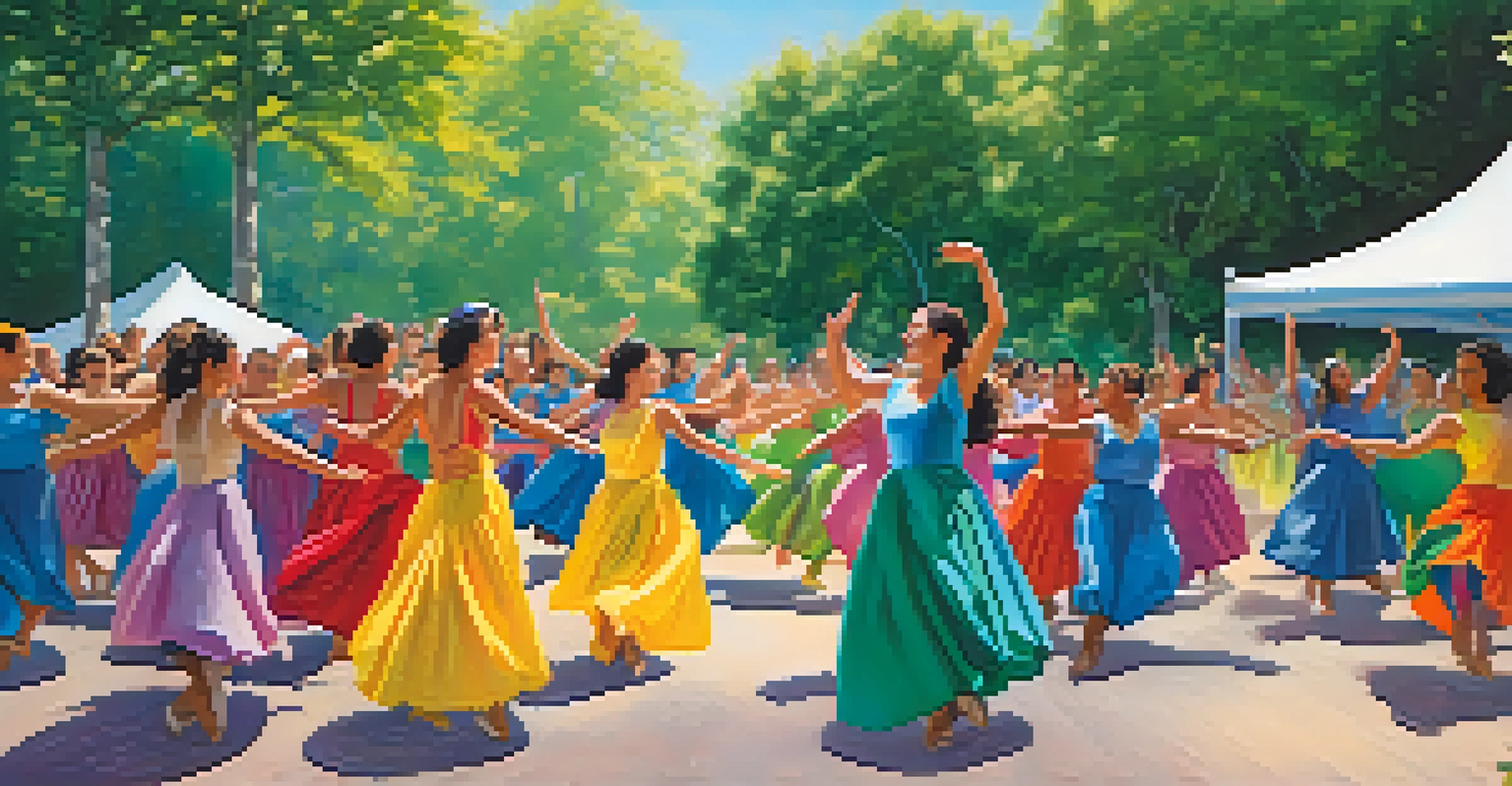 A group of dancers performing in a park, surrounded by trees and an audience watching them.