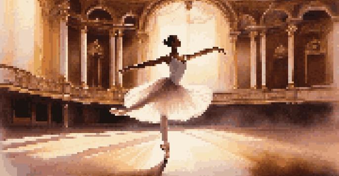 A ballet dancer in a white tutu performing on a beautifully lit theater stage.