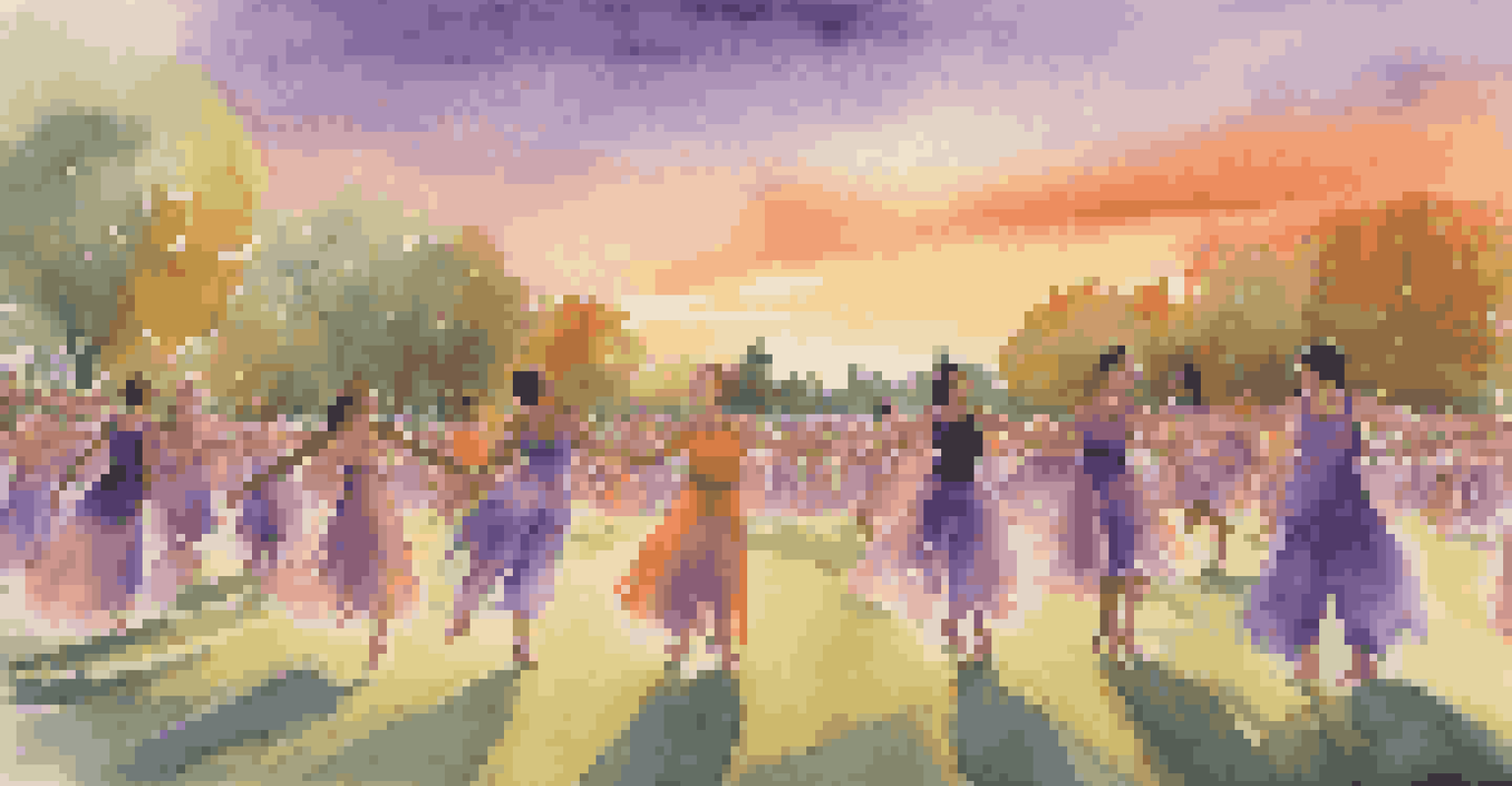 A transgender dancer leading a contemporary dance performance in a park at sunset, surrounded by an engaged audience and vibrant colors in the sky.