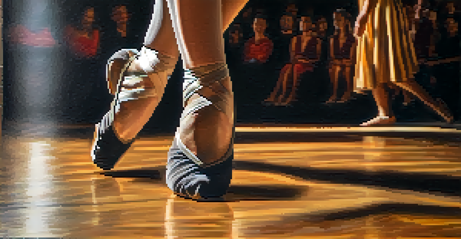 A close-up of a dancer's feet in motion on a wooden stage, capturing intricate footwork and dynamic movement.