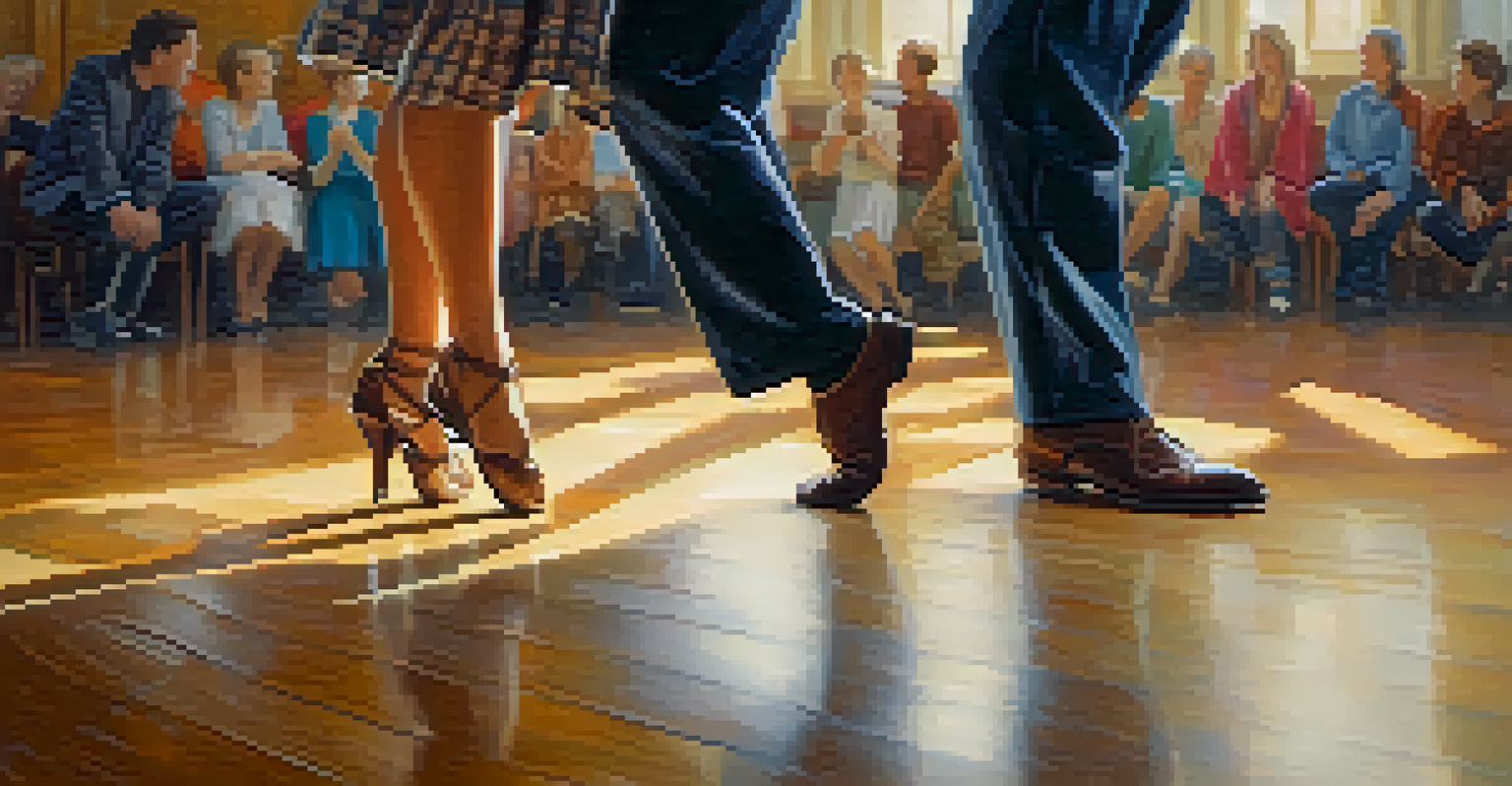 A close-up of two dance partners synchronizing their movements on a polished wooden floor, with a blurred background of other dancers.